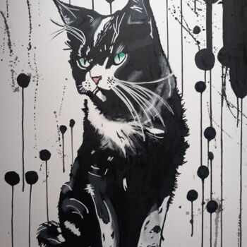 绘画 标题为“Black Cat” 由Ole Müller, 原创艺术品, 丙烯 安装在木质担架架上