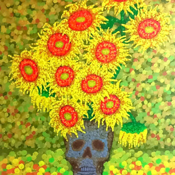 Peinture intitulée "Crâne aux tournesols" par Bus, Œuvre d'art originale, Acrylique Monté sur Châssis en bois