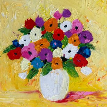 「Bouquet in a White…」というタイトルの絵画 Irina Anisによって, オリジナルのアートワーク, オイル ウッドストレッチャーフレームにマウント
