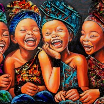 Collages intitulée "Innocence in laught…" par Kevin Jjagwe, Œuvre d'art originale, Tissu