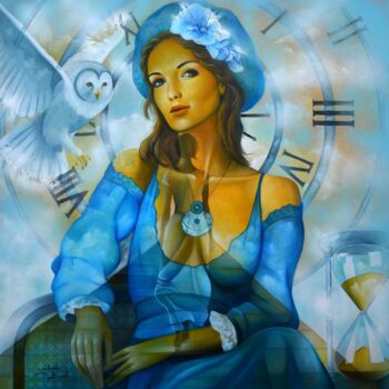 Painting titled "L'Horloge du temps" by Jeannette Guichard-Bunel, Original Artwork, Oil Mounted on Wood Stretcher frame