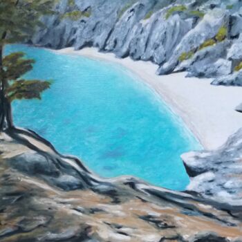 Painting titled "L'ILE VIERGE" by Loïc Gourmelen, Original Artwork, Oil Mounted on Wood Stretcher frame