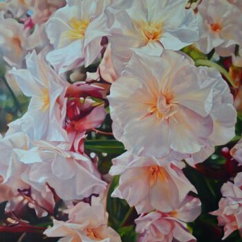 Painting titled "Blooming oleander" by Istvan Cene Gal, Original Artwork, Oil Mounted on Wood Stretcher frame