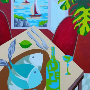 「Still life with fis…」というタイトルの絵画 Peter Vamosiによって, オリジナルのアートワーク, アクリル ウッドストレッチャーフレームにマウント