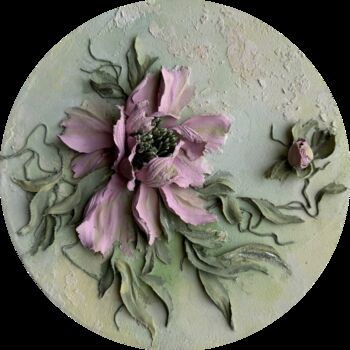 Painting titled "Chinese Pink Peony" by Ol Ga Markova, Original Artwork, Plaster Mounted on Wood Panel