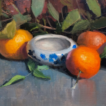 Peinture intitulée "3 Tangerines" par Pascal Giroud, Œuvre d'art originale, Huile Monté sur Panneau de bois