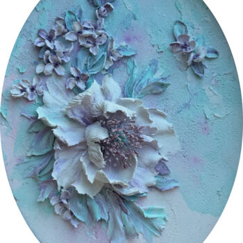 Painting titled "Delicate peony flow…" by Ol Ga Markova, Original Artwork, Plaster Mounted on Wood Panel
