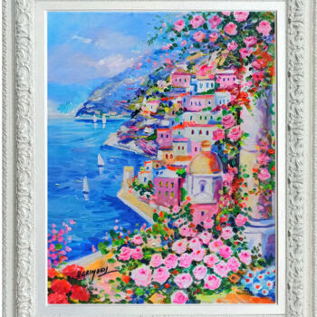 Painting titled "Seaside with roses…" by Alfredo Grimaldi, Original Artwork, Oil Mounted on Wood Stretcher frame