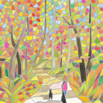 Dessin intitulée "Chemin aux couleurs…" par Eric Audry, Œuvre d'art originale, Encre Monté sur Carton