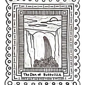 Printmaking titled "The Dam of Buttvill…" by Rick Fraterman, Original Artwork, Linocuts Mounted on Other rigid panel