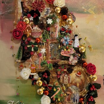 Collages titled "Merry Christmas" by Delphine Sagot, Original Artwork, Collages Mounted on Wood Stretcher frame