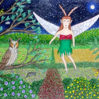 Painting titled "Moth Girl" by Stephen Warde Anderson, Original Artwork, Acrylic Mounted on Other rigid panel