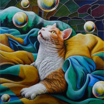 Painting titled ""CHAT M'AMUSE"" by Jean-Jacques Briquet, Original Artwork, Acrylic