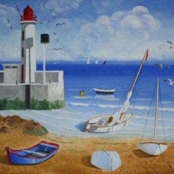 Peinture intitulée "LE PHARE ROUGE" par Bertrand Delogne, Œuvre d'art originale, Huile Monté sur Châssis en bois