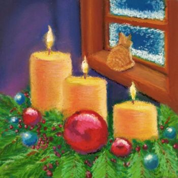 Painting titled "Christmas & a Cat" by Adonis Tukhvatshyn, Original Artwork, Pastel