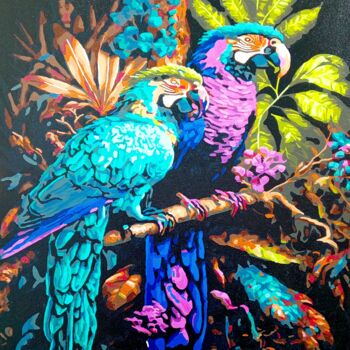 Ζωγραφική με τίτλο "Parrots" από Анатолий Рабков, Αυθεντικά έργα τέχνης, Ακρυλικό Τοποθετήθηκε στο Ξύλινο φορείο σκελετό
