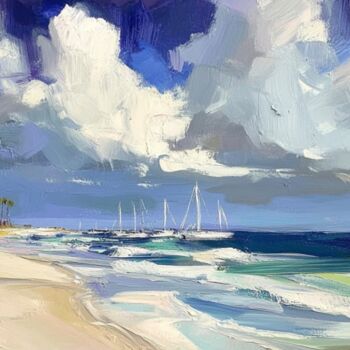 Arte digital titulada "Sailboats On The Be…" por Elena Avanesova, Obra de arte original, Pintura Digital