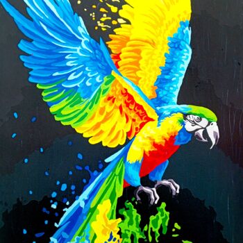 Painting titled "Colorful parrot" by Anatolii Rabkov, Original Artwork, Acrylic Mounted on Wood Stretcher frame