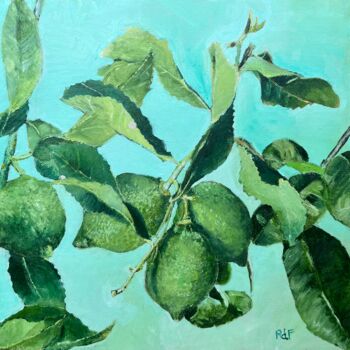 Painting titled "Unripe lemons in De…" by Rebecca De Figueiredo, Original Artwork, Oil Mounted on Wood Stretcher frame