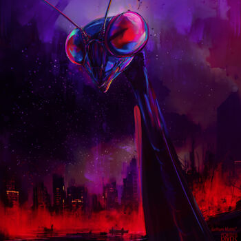 Digital Arts titled "Gotham Mantis" by Pointless Pixels, Original Artwork, AI generated image Mounted on Wood Stretcher frame