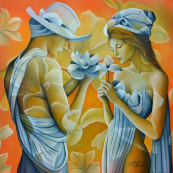 Peinture intitulée "Les amants d'outre-…" par Jeannette Guichard-Bunel, Œuvre d'art originale, Huile Monté sur Châssis en bo…