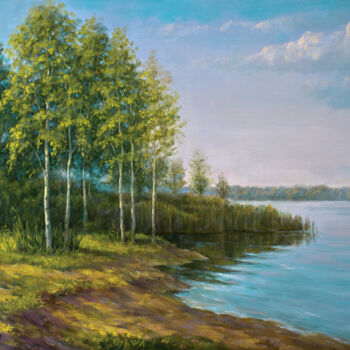 Painting titled "Birches and the Lake" by Ruslan Vigovsky, Original Artwork, Oil