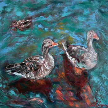 Painting titled "Cygnets and duckling" by Albina Ayhan, Original Artwork, Oil