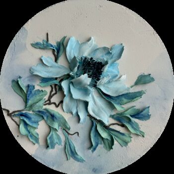 Painting titled "Blue Chinese Peony" by Ol Ga Markova, Original Artwork, Plaster Mounted on Wood Panel