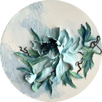 Painting titled "Blue Chinese Peony-…" by Ol Ga Markova, Original Artwork, Plaster Mounted on Wood Panel