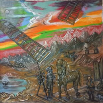 Pittura intitolato "Ο Δων Κιχώτης στους…" da Nikos Nikolaides, Opera d'arte originale, Olio