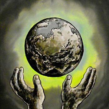 Painting titled "Saving the World" by Noël Van Hoof, Original Artwork, Watercolor
