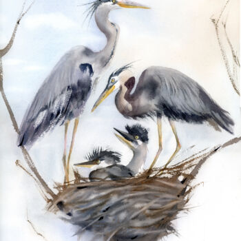 绘画 标题为“Heron Family #1” 由Paintispassion, 原创艺术品, 水彩