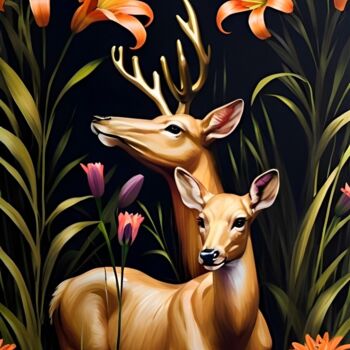 Pintura titulada "Golden stag" por Leila Khamchieva, Obra de arte original, Acrílico Montado en Bastidor de camilla de madera