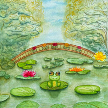 Painting titled "Frog and his home" by Janet Signorini, Original Artwork, Watercolor