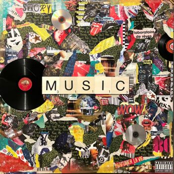 Collages titled "MUSIC (Série WORDS…" by Stéphanie Derégnaucourt, Original Artwork, Acrylic Mounted on Wood Stretcher frame