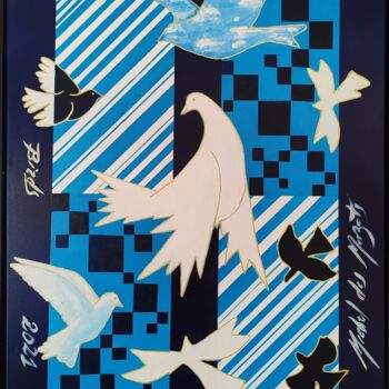 Ζωγραφική με τίτλο "Blue birds" από Michel Des Mazots, Αυθεντικά έργα τέχνης, Ακρυλικό Τοποθετήθηκε στο Ξύλινο φορείο σκελετό