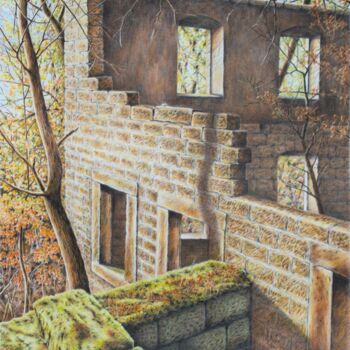 Malerei mit dem Titel "Ruine am Hang" von Ronald Firla, Original-Kunstwerk, Conté-Buntstifte
