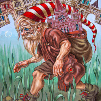 Painting titled "Wandering Architect" by Victor Molev, Original Artwork, Oil Mounted on Wood Stretcher frame