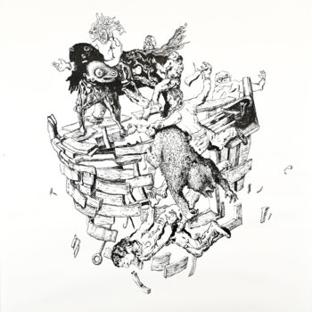 Dessin intitulée "La nef des fous" par Bruno Sentier (Assemblages), Œuvre d'art originale, Encre