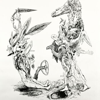 Zeichnungen mit dem Titel "Drôle de paix" von Bruno Sentier (Assemblages), Original-Kunstwerk, Tinte