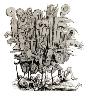 Drawing titled "En pensant à Kafka" by Bruno Sentier (Assemblages), Original Artwork, Ink