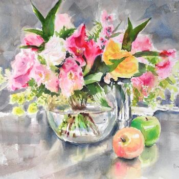 Peinture intitulée "Flowers and Apples" par Ibolya Taligas, Œuvre d'art originale, Aquarelle