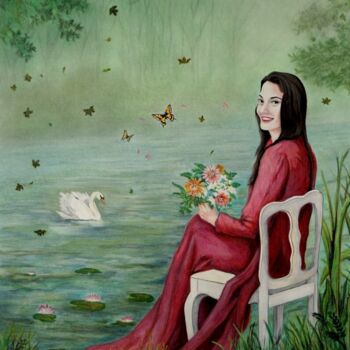 Zeichnungen mit dem Titel "Autumn with Red" von Taha Mansour, Original-Kunstwerk, Bleistift