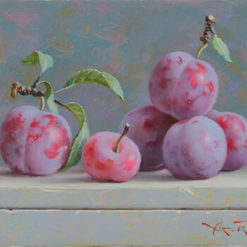 Painting titled "Plums" by Art Trio Uz, Original Artwork, Oil Mounted on Wood Stretcher frame