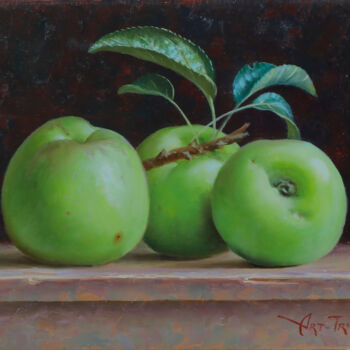 Painting titled "Green apples" by Art Trio Uz, Original Artwork, Oil Mounted on Wood Stretcher frame