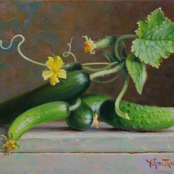 Painting titled "Cucumbers" by Art Trio Uz, Original Artwork, Oil Mounted on Wood Stretcher frame