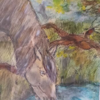 Peinture intitulée "Cheval à la mare" par Dominique Bertrand, Œuvre d'art originale, Pastel Monté sur Carton