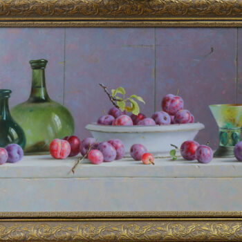 Painting titled "Plums in the reflec…" by Art Trio Uz, Original Artwork, Oil Mounted on Wood Stretcher frame