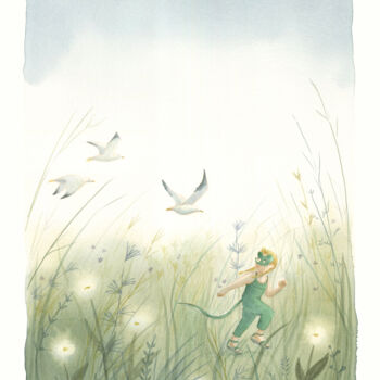 Peinture intitulée "Enfant, mouette et…" par Marjoline Fleur, Œuvre d'art originale, Aquarelle
