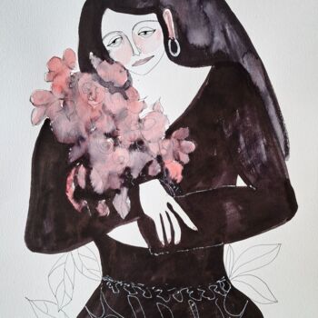 Drawing titled "woman with flowers" by Janna Shulrufer, Original Artwork, Ink